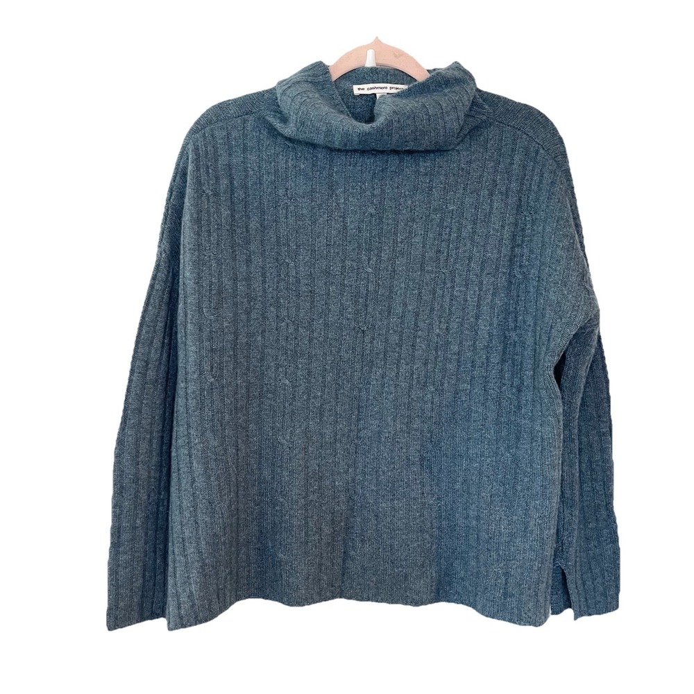 The Cashmere Project Sweater Blue Cashmere Mock Neck Ribbed Long Sleeve Boxy XS